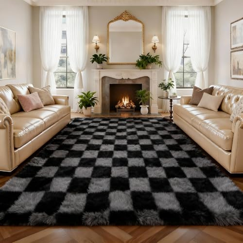 Untimaty Rugs Living Room - 160x230cm Classic Checkered Large Grey & Black | Ultra Soft Fluffy Bedroom Area Rugs Washable Anti-Slip Backing Carpet Nursery Kids Room Modern Floor Home Decor