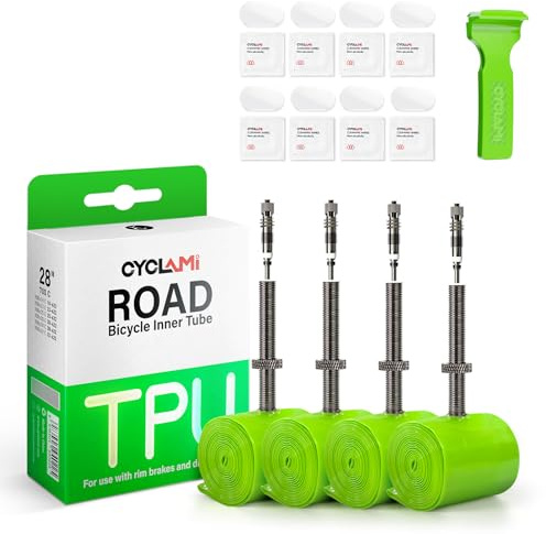 CYCLAMI Juego de 4 Cámara de Aire de TPU para Bicicleta 700C×18–32C /MTB29''1.9-2.5 para Metal Extraíble Válvulas Presta 45/60/80mm para Carretera y Montaña (700x18-32C – 60mm SV para Carretera)