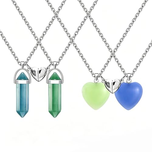 Set di 4 collane con cristalli esagonali e ciondolo a forma di cuore in blu verde, collana dell'amicizia per 4 ragazze e donne, Y2K, accessori per partner, gioielli con gemma, regalo per i migliori