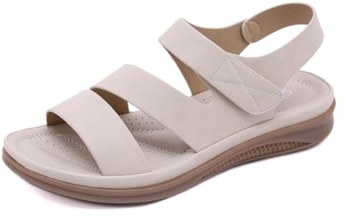 Tsuukuie Bekväma sandaler för kvinnor platta med justerbar rem – ventilerande PU-sandaletter, halkfria sommarskor för vardag och kontor