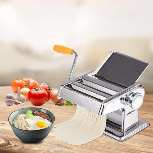 Eminchu Pastamaskin i Rostfritt Stål, Manuell Nudelmaskin, 2 Justerbara Blad Pastamaskin med Avtagbart Vev och Gummimattbas, Idealisk för Hemlagad Fettuccine, Spaghetti och