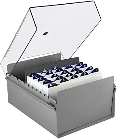 Acrimet 5'' X 8'' Card File Holder Organizer Box Metal Base Heavy Duty (AZ Index Cards 205mm Width x 138mm Height and Divider Included) (Gray Color with Clear Crystal Plastic Lid Cover)