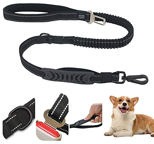 Eastlion Bungee Hundeleine Elastisch,Ruckdämpfer Hund,Anti Zug Stoßdämpfer Reflektierend Hundeleinen mit 2 Griff,Starkes Trainingsleine mit Auto Sicherheitsgurt für Mittlere und Große Hunde-Schwarz