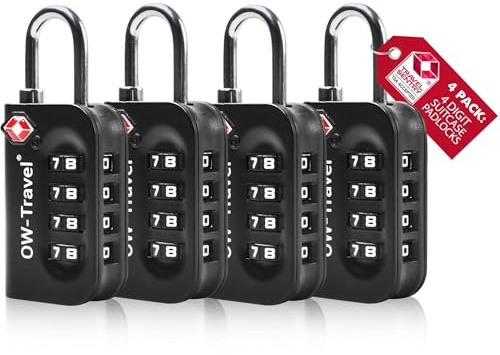OW-Travel Suitcase Locks, TSA Approved Luggage Padlocks, Black, 4 Pack | 4 digit combination luggage locks for suitcases, hand luggage, cabin bags, travel bags, backpacks, lockers, zipper cases