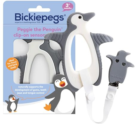 Bickiepegs Peggie the Penguin Silicone Teether 3–12 Months – Clip-On Teething Soother for Sore Gums, Chewy Teething Aid, Fridge-Safe & BPA-Free