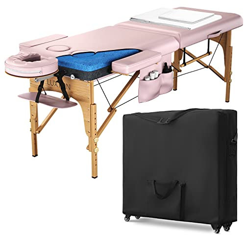 Luxton Home Women’s Premium Memory Foam Massage Table with Custom Breast Holes and Custom Sheets - Rolling Carrying Travel Case - Easy Set Up - Foldable & Portable