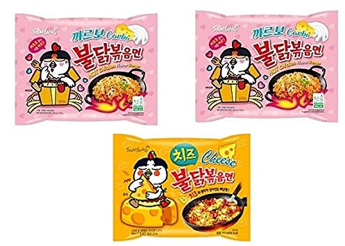 SAMYANG Korean Ramen Buldak Carbo Flavour Spicy Noodles Pack2&Buldak Hot Chicken Cheese Noodles Pack1(Pack of 3) (420Gm) (Imported) Instant Noodles Non-Vegetarian (3X140 Grams)(Combo Pack)