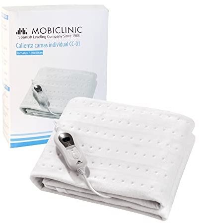 Mobiclinic, Calienta camas eléctrico, 150 x 80 cm, Temperatura regulable en 3 niveles, Ajustable, Lavable, Para cama individual, Muy bajo consumo, 60w, Colchón, Blanco