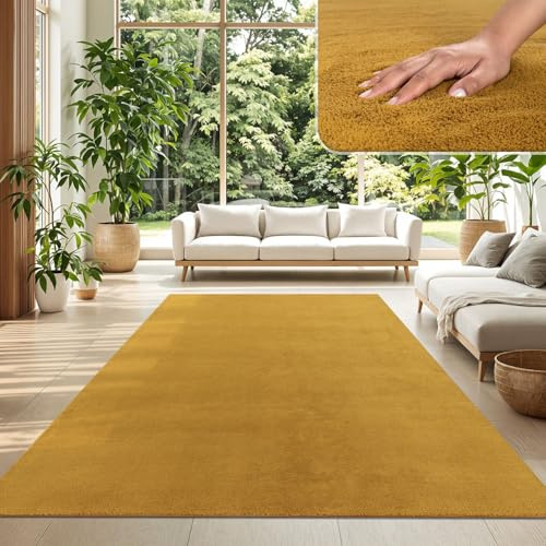 TT Home Wohnzimmer Teppich Kurzflor Anti-Rutsch Rückseite Unifarben Modern Waschbar, Farbe: Dunkelgelb Senfgelb, Größe:120x160 cm