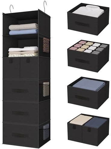 Bosuelife Organizer da appendere per armadio a 6 ripiani con 5 diversi cassetti, organizer pieghevole per armadio, armadio e camper, vestiti e accessori, tessuto non tessuto, nero