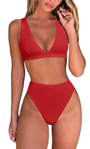 Fatty Tiger Womens High Waisted Thong Bikini Sets Sexy Brazilian Triangle Top Deep V Neck Two Piece Swimsuit Bathing Suits, Red, Medium