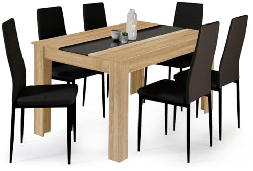 IDMarket - Ensemble Table à Manger Georgia 140 cm Imitation hêtre et Noire et 6 chaises Romane Noires