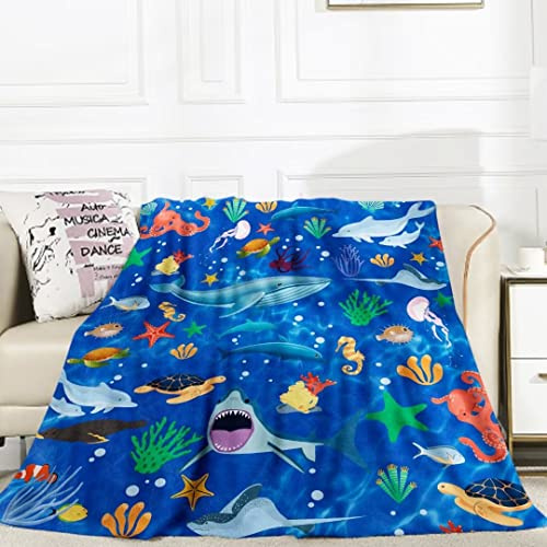 Teslite Ocean Throw Blanket Soft Fluffy Marine Life Seahorse Dolphin Octopus Shark Ocean Themed Flannel Throws Under The Sea Gift Plush Blankets Blue for Kid Teen Birthday Sofa Decor 130x152cm