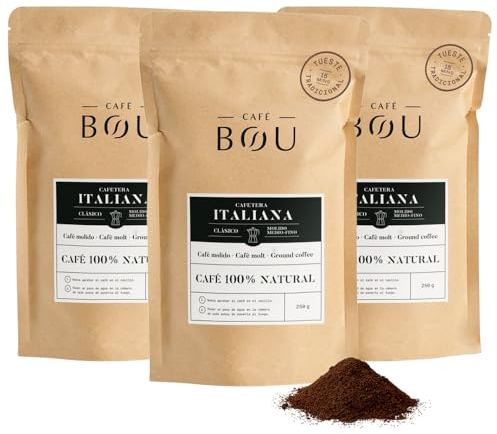 Café Bou - Café Molido para Cafetera Italiana | 90% Arábica y 10% Robusta | Aroma a Chocolate | Cuerpo e Intensidad Alta | Tueste medio-alto | Pack 3 paquetes x 250 g