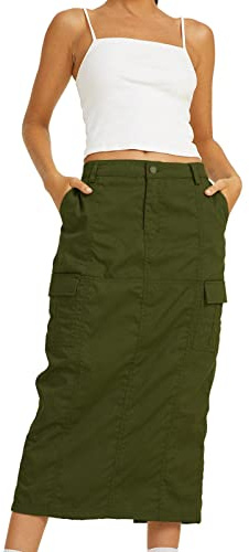 Falda larga para mujer, falda larga de verano para playa, vacaciones, playa, línea A, falda larga de verano con cintura elástica, falda plisada, falda plisada, minifalda de verano, Verde militar., L