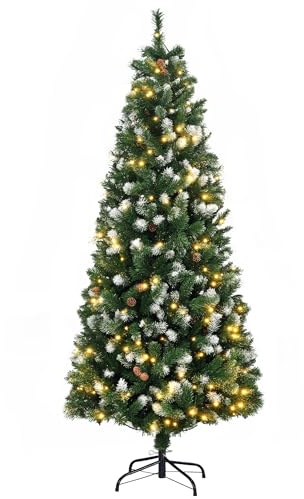 HOMCOM Sapin de Noël Artificiel Lumineux 180 cm 703 Branches 250 LED avec 30 Pommes de pin - Support Pied Pliable Ø 80 Vert