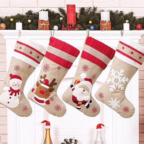 BOFUNX 4 Stück Weihnachtsstrumpf Nikolausstiefel zum Befüllen und Aufhängen große Weihnachtsstrümpfe Hängende Strümpfe für Kamin Schaufenster Weihnachtsbaum 47x22cm