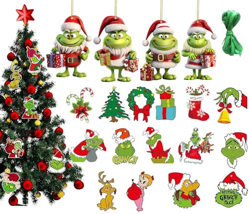 29 STK G-rinch Weihnachtsdeko,2D Acryl Anhänger G-rinch Figuren Papierschneid,4 mit elastischer Kordel 2D acryl anhänger, Schneider Werkzeug,für Weihnachtsbaum Dekorationen,Urlaub,Party