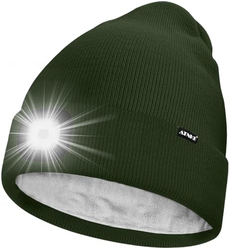 ATNKE LED Bonnet Lampe Frontale,USB Rechargeable 4 LED Chapeau de Course Ultra Lumineux Lumière Hiver Chaud Polaire Doublée Tricot Bonnet Cadeaux pour Hommes et Femmes/Dark Army Green