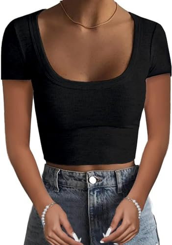 TrendiMax Damen T-Shirt Kurzarm Gerippt Crop Tops Basic Shirts Slim Fit Sexy Oberteile Bauchfrei Sommer Tshirt Stretch Casual Bluse Rundhals Tee Shirt (XL, Schwarz)