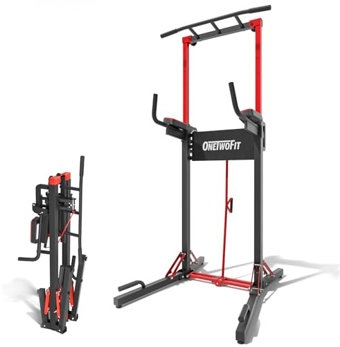 ONETWOFIT Power Tower Plegable Estación de Fondos, Barra de Dominadas para Gimnasio en casa, Altura Regulable Estación de Entrenamiento, Fitness Dip Station Pull-up (Negro-1)