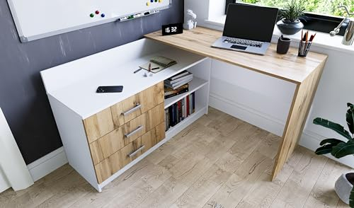 Marlux-Meble Schreibtisch mit Schubladen 3 und Regalen 2 | Eckschreibtisch Weiß Matt - Wotan-Eiche | PC Schreibtisch L Form (Omega Schreibtisch Holz 131x120x76 cm)