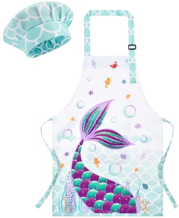 WERNNSAI Sirena Set di Grembiuli per Bambini e Cappello da Cuoco Artistici per Bambini Grembiule da Pittura per Bambini da Cucina con Tasca Grembiule per Pittura (Piccolo, 6-10 anni)