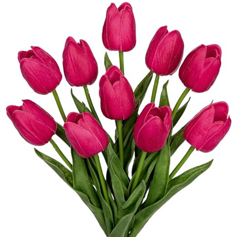 Briful 10 Stück Künstliche Tulpen Kunstblume Dunkelrosa Latex Blumen Real-Touch Tulpe Deko Kunstpflanze Länge 34cm für Home Room Hochzeitsstrauß Party Blumengesteck