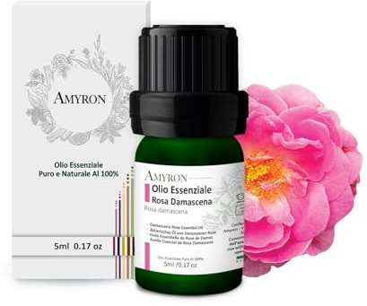 Huile Essentielle de Rose de Damas 100% Pure 5ml, Naturelle à 100% Idéale pour l’Aromathérapie et le Diffuseur d’Huiles Essentielles/Massages Aromatiques/Utilisation Topique/Alimentaire.