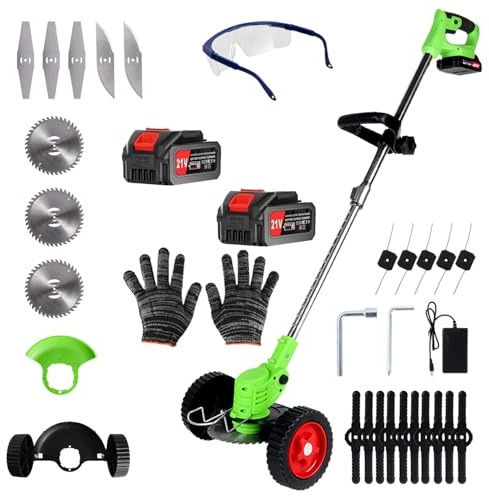 Cordless Weed Wacker Battery Powered Electric 21V 4.0Ah*2pcs 5 Types Blade&Wheels Grass Trimmer/Lawn Edger/Mower/Brush Cutter, Weeder Tool for Lawn Garden Pruning/Trimming (Unfoldable)