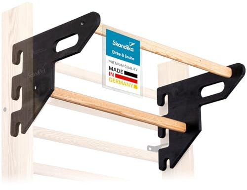 Skandika Vira Barra de tracción de madera | Made in Germany, con 2 barras, para colgar en espalderas, sin taladrar ni atornillar, carga máxima 130 kg (Fresno/negro, 2 barras)