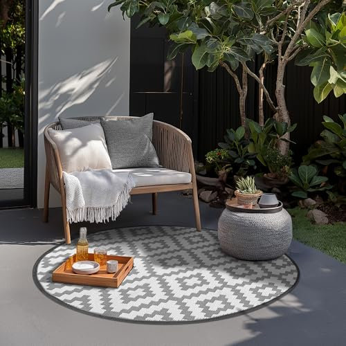 Green Decore Reversible Recycled Plastic Camping and Picnic Rugs | Perfect for Garden, Patio, Picnic, Decking | Stain And Water Resistant | Bliss Grey/White 120 Cm Round