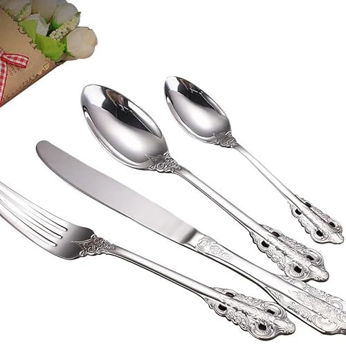 Juego de Cubiertos de Plata de Ley Palace Tableware 304 (4/16/24/32/40/48 Piezas), con Cuchillos, Tenedores y cucharas en Relieve, Plateado (Juego de 10 y 40 Piezas, Juego de 6 y 24 Piezas)
