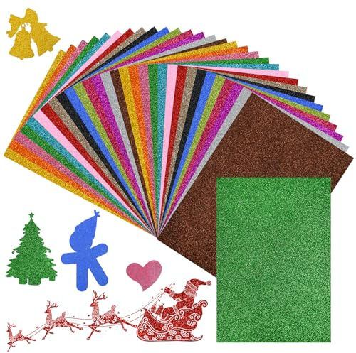 Zuxbolf 30 Fogli di Gomma Eva Glitterata da 2 mm,Carta Colorata con Glitter da A4,Carta Glitterata Colorata per Fai da Te,Carta Glitterato Colorati per Scrapbooking, Album Fotografici