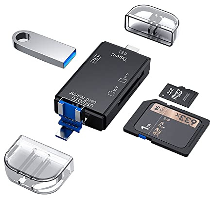 Adaptador lector tarjetas SD/TF 6 en 1 con puertos USB tipo A y tipo C e interfaz micro Android, ranuras dobles USB 2.0. Compatible con tarjetas de memoria Micro SD/SDHC/SDXC/MMC para cámaras, PC, tel