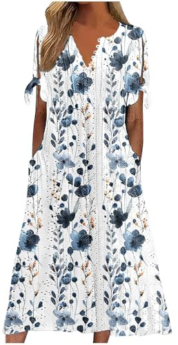 midi Dresses for Women UK Summer Dresses for Women UK Boho V Neck Button Floral Midi Dress Plus Size Casual Petite Short Sleeve Flowy Sundress Fashion Eyelet Ruffle Vacation Clothes Multicolor M
