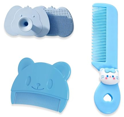 ZEBKEL 3-i-1 babyvårdsset: Babymjölkskorpborste, babyborste och kam - mjuk hårborste i läder för nyfödda och spädbarn - blå design badtillbehör