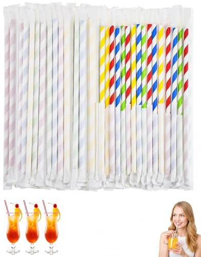 YIPFEN Cannucce di Carta 200 pz 19.7cm Multicolore. Biodegradabili, Robuste ed Ecologiche, Incartate Singolarmente. Perfette per Feste, Cocktail, Eventi & Bevande Fredde. Zero Plastica!