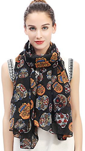 Lina & Lily Écharpe Foulard pour Femme Imprimé Crâne le jour de la morts (Noir)