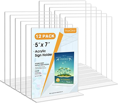 MaxGear Acrylic Sign Holder 5x7 12 Pack, Double Sided Clear Tabletop Display Stand for Menu, Price Card, Flyer, Photo, Vertical T Shape Sign Frame for Business Retail Restaurant