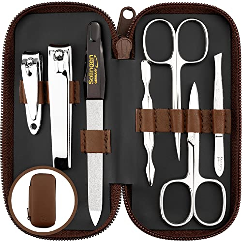 Solingen Set Manicure Uomo e Donna – Kit da 7 Pezzi con morbido Etui in Vera Pelle. Include Forbicine e strumenti di qualità per Mani e Piedi. Perfetto per viaggi e cura elegante delle Unghie