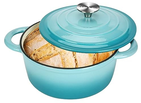 Cookwin, pentola in ghisa olandese rivestita in smalto con coperchio autoincollante, ideale per famiglie, verde acqua, 2,9 QT