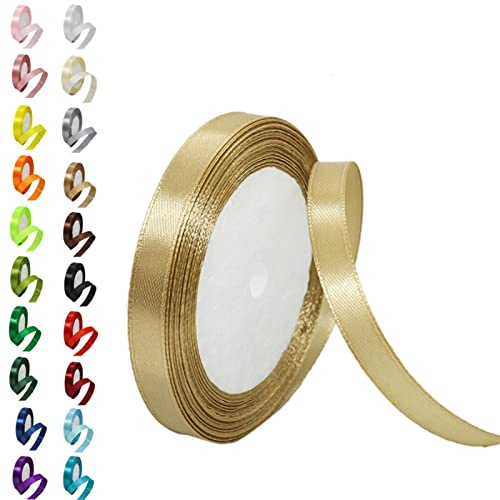 10mm Champagne Gold Ribbon for Gift Crafting, 22M Gold Polyester Double Sided Satin Ribbon for Gift Wrapping, Bouquet & Decor