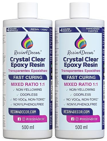 Schnell härtend Epoxidharz set (4h Entformzeit) RESIN4DECOR 1:1 Kristallklares Harz & Härter für Kunsthandwerk Schmuckherstellung Vergilbungsfrei Ungiftig Hochglanz Geruchlos Hitzebeständig - 1000ml