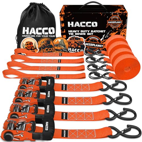 HACCOPLANET Ratchet Straps, 5280lb Break Strengeth, 1.6 Heavy Duty Ratchet Tie Down Strap Set w/Padded Handle, S Hook, Soft Loop for UTV Motorcycle Truck Cargo Straps (Orange, 8FT)