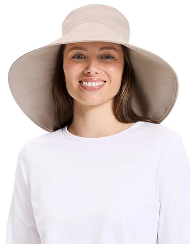 Solbari Sonnenhut für Damen, ultraweit, Baumwolle, Leinen, UPF 50+, verstaubar, verstellbar, mit Pferdeschwanzloch für Reisen, Strand und Outdoor, Hell / naturfarben, S/M