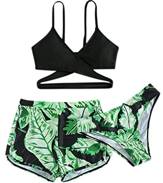 Nyeemya Ragazza Costume da Bagno Tre Pezzi Completo da Nuoto Estivo Bikini Canotta Top con Pantacini Mutande Costumi Mare Piscina Spiaggia 8-14 Anni A Verde 13-14 Anni