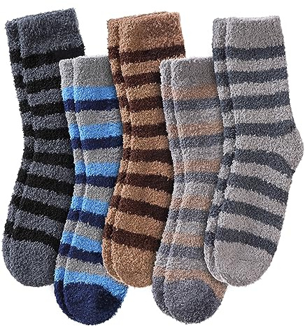 LINEMIN Mens Fuzzy Socks Cozy Fluffy Winter Warm Slipper Socks Microfiber Soft Home Sleeping Socks 5/6 Pairs (Blue/Brown/Black/Grey Stripe)
