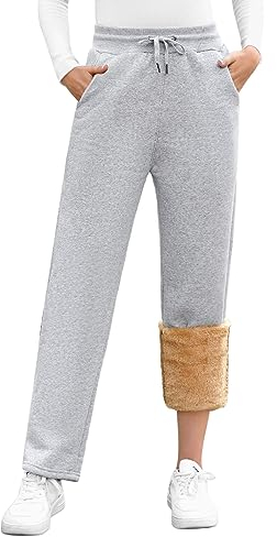 UMIPUBO Gefütterte Jogginghose Damen Warm Fleece Freizeithose Winter Thermo Fleecehose High Waist Sweathose mit 2 Taschen, Damenhose mit Gummizug(Hellgrau,S)