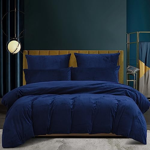 Housse de Couette Hiver 200x200 Chaude Flanelle Toucher Cashmere Polaire Parure de Lit en Velours Bleu Foncé Doux avec Fermeture Éclair, Linge de Lit 2 Personnes avec 2 Taies d'oreiller 65x65 cm